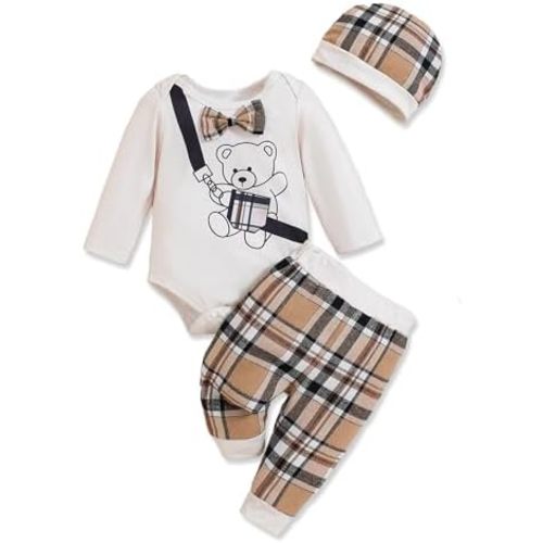 Newborn Baby Boy Clothes Boy Outfit Infant Romper Winter Fall Long Sleeves Pants Set Hat 3PC