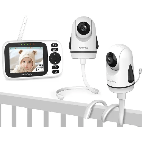 HelloBaby HB6339 Baby Monitor with 2 Cameras+2 Monitor Mounts,3.2 Inch IPS Screen Video Baby Monitor with Remote Pan-Tilt-Zoom Camera,1000ft Range No WiFi, Night Vision, 2-Way Talk,8 Lullabies