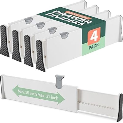 Drawer Divider Set of 4, Adjustable Length 11" - 17" Drawer Organizers, Locks in Place, Easy-Assemble, Secured, Foam Ends, for Bedroom, Bathroom, Kitchen & Office Organization and Storage