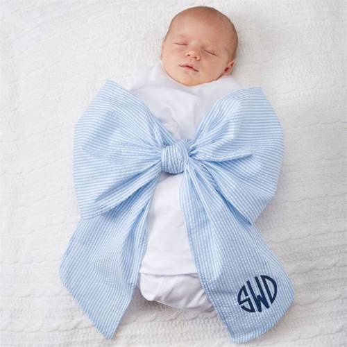 Monogrammed Newborn Infant Baby Seersucker Bow Sash Blanket, Maternity Photography Prop, Monogrammed Newborn Wrap, Baby Photo Prop, Big Bow