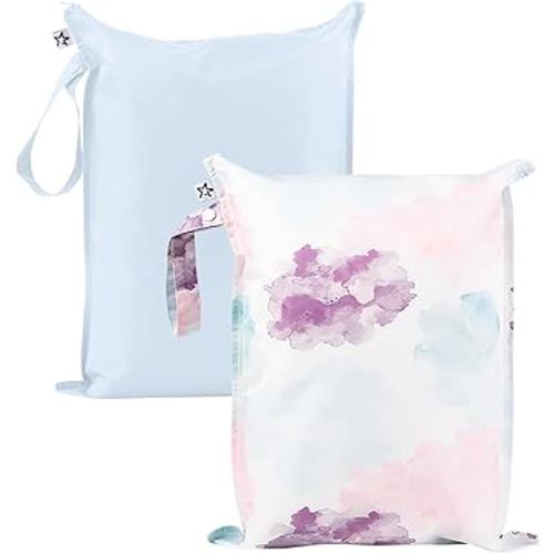 Tiny Twinkle Mess-Proof Waterproof Wet Dry Bag | 2-Pack Reusable Wet Bags for Swimsuits & Baby Clothes | Leakproof Wet Bag for Travel & Diaper Changes for Baby (Cotton Candy)