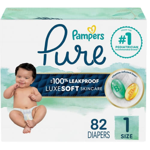 Pampers Pure Protection Baby Diapers, Size 1 (8-14 lbs), 82 Count, Up to 100% Leakproof, Premium Plant-based Skin Protection, Hypoallergenic Soft Diapers
