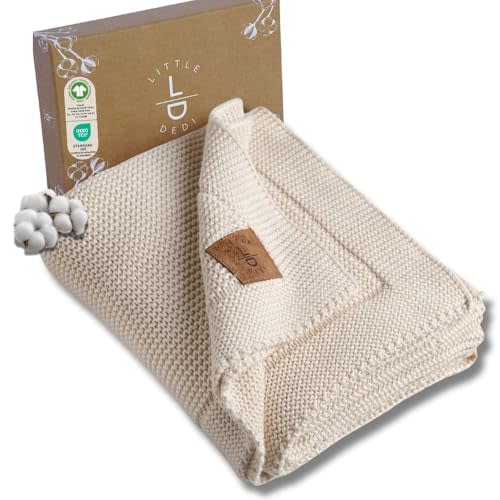 Little Dedi 100% Organic Cotton Baby Knitted Blanket with Gift Box - Soft Toddler, Crib, Stroller Blanket - Neutral Swaddle and Receiving Blanket for Newborns, 30"x40", Beige