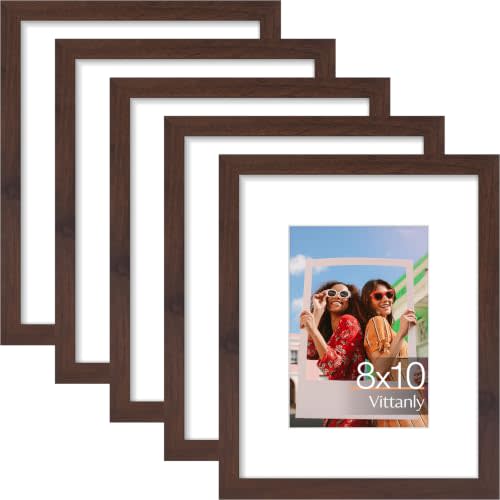 Vittanly 8x10 Picture Frames Set of 5, Wall Mount or Tabletop Display | Light Brown, Display 5x7 Pictures with Mat or 8x10 without Mat, Engineered Wood with Shatter Resistant Plexiglass