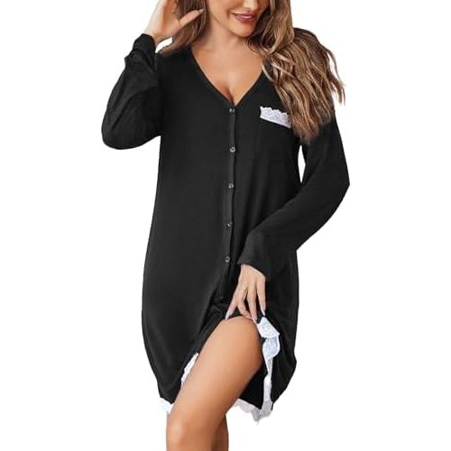 Ekouaer Women Striped Nightgowns Long Sleeve Button Down Sleepshirts Comfy Sleep Shirt S-3XL