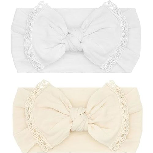 Baby Bling Bows - Newborn to Little Baby Girl Bows, 2 Pack Nylon Super Soft Stretchy Knot Toddler Headbands, Perfect Hair Accessories Head Bands for Infant Kids(White & Oat)