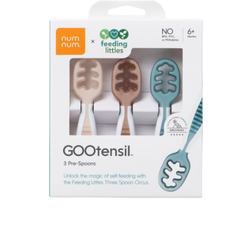 NumNum Baby Spoons Set, Feeding Littles x Silicone Pre-Spoon GOOtensils for Baby Led Weaning, Self-Feeding & Teething, First Stage Toddler Utensils for Ages 6+ Months, 3-Pack, BPA-Free (Neutrals)