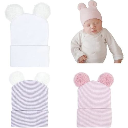Newborn Baby Hat Infant Caps Baby Boy Girl Toddler Hospital Hats Bow Double Layer Knit Beanie Cap for 0-3 Months