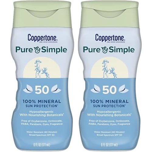 Coppertone Pure and Simple Sunscreen Lotion, SPF 50 Broad Spectrum Sunscreen with Zinc Oxide, 6 Oz, Pack of 2