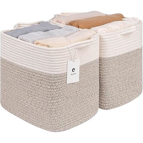 Medium and Large Woven Basket//With Handle, Used for Toys and Fabric Storage Basket used for Storing xl Storage Box, Decorative Storage Box Room 2pack (14L*12H Q White Brown, 14L*10W*12H)