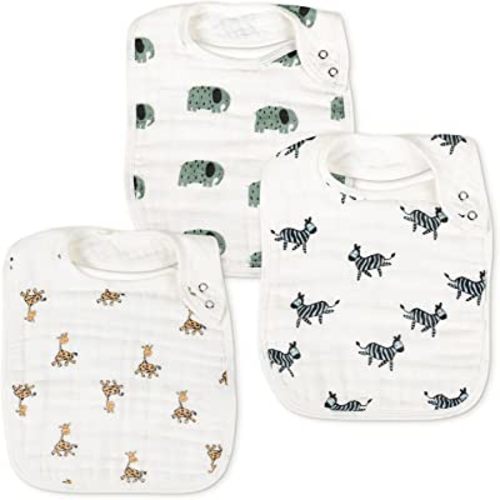 Snap Muslin Bibs for Boys & Girls, 3-Pack Baby Bibs for Infants, Newborns and Toddlers, 100% Cotton Muslin Absorbent & Soft Layers, Adjustable Snaps,"Animal Party"