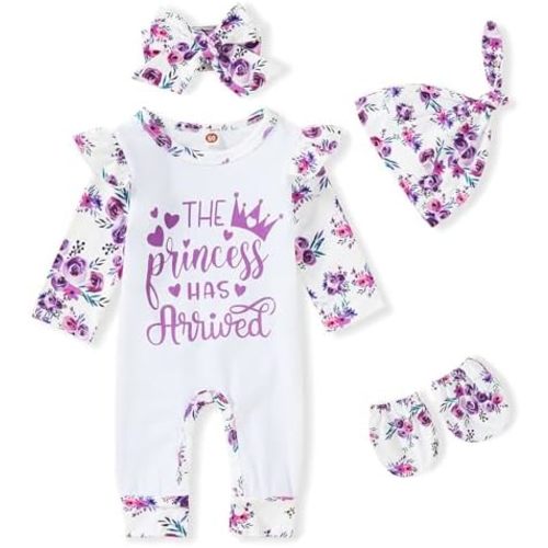 GRNSHTS Newborn Baby Girl Romper Infant Letter Print Jumpsuit Floral Bodysuit+Hat+Headband+Gloves Coming Home Clothes Outfits