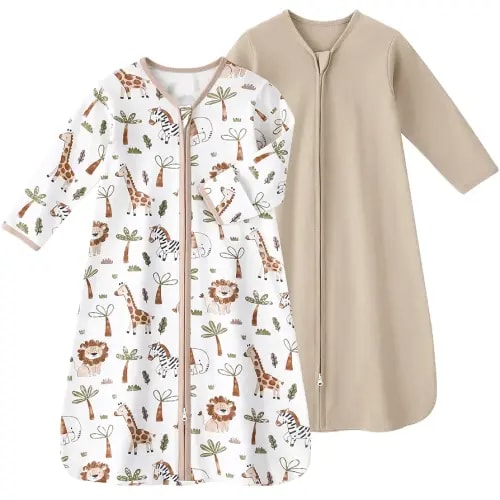 FIEMOL Baby Sleep Sack 0-6 Months, Long Sleeve Baby Sleeping Bag 0.5 Tog with Mittens, Newborn Cotton Wearable Blanket Khaki Animal 2 Pack(Small)