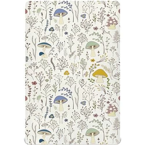 Fitted Crib Sheets Wild Plants Mushroom Stretchy Portable Playard Sheets for Baby Toddler, Breathable Soft Mini Crib Mattress 39 x 27 in for Boys and Girls