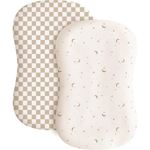 Konssy 2 Pack Baby Lounger Cover, Stretchy and Soft Newborn Lounger Cover, Infant Lounger Slipcover for Boys Girls, Covers Only (Coffee Check,Moon)