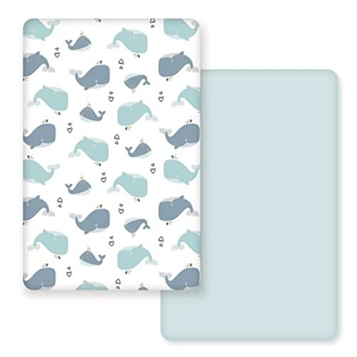 GRSSDER Stretchy Ultra Soft Jersey Knit Fitted Pack n Play Sheets Set 2 Pack, Portable/Mini Cribs Playards Sheets, Lovely Whale for Girls and Boys - Ocean Green