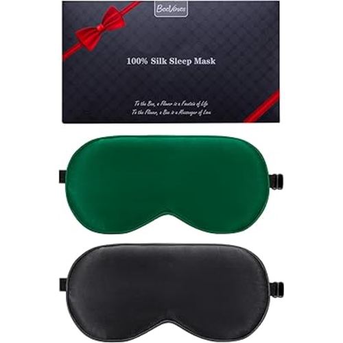 BeeVines Sleep Mask, 2 Pack 100% Real Natural Pure Silk Eye Masks with Adjustable Strap for Sleeping, Mulberry Silk Eye Sleep Shade Cover, Block Light Reduces Puffy Eyes Traveling Gifts(Black & Green)