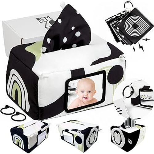 Baby Tissue Box Toy 3-in-1 w/ 10 Hanging Baby Crinkle Paper and Baby Tummy Time Mirror - High Contrast Baby Toys for Newborn - Sensory Montessori Magic Tissue Box Baby Toy - Crinkle Books for Babies