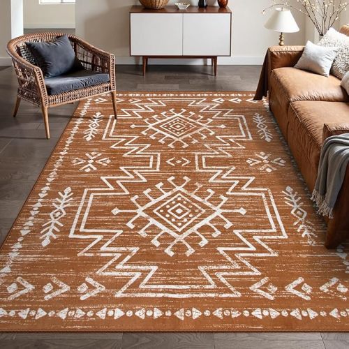 Lahome 8x10 Boho Rugs for Living Room, Washable Burnt Orange Large Area Rug for Bedroom Dining Room, Soft Stain Resistant Western Aztec Carpet for Guestroom Office