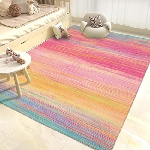 USTIDE Vibrant Rainbow Area Rug 5x7/55"x78" Colorful Stripe Kids Rug Plush Machine Washable Rug for Girls Bedroom Colorful Non-Slip Carpet for Nursery Playroom & Kids Room Decor