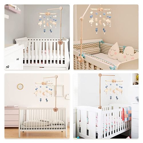 Boho Baby Crib Mobile Decor - Wooden Moon and Stars Nursery Mobiles with Cloud for Bassinet Starry Night Handmade Soft Felt Beads Hanging Wind Chime Toys Pendant for Infant Newborn Boy and Girl - Blue