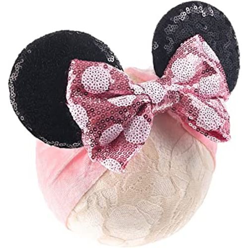 JIAHANG Baby Girl Mouse Ears Headwrap with Sequin Polka Dot Bow, Wide Velvet Turban Hairband, Hair Bow Headband for Toddler, Kids, Party Supplies (pink bow white dot HW)