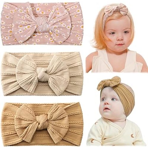 jollybows Baby Girl Headband Bows Nylon Head Wraps Newborn Hairbands Infant Toddler Hair Bow (5- Ginger Beige Small Daisy Print)