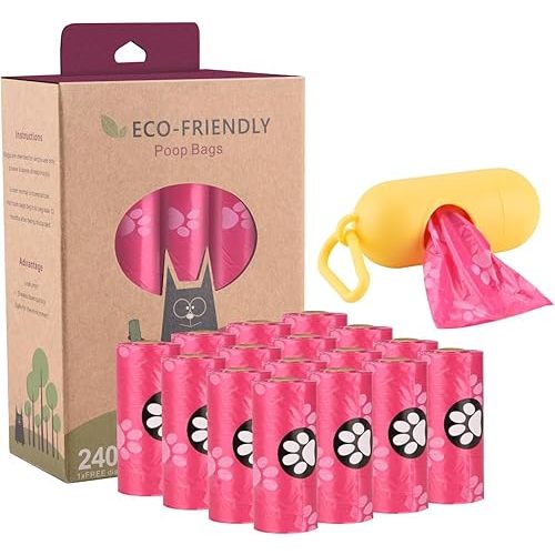 Biodegradable Dog Poo Bags with Holder-240 Large Poop Bags, Corn Starch Blended Compostable Bag, Extra Thick Strong Leak Proof Waste Bag for Dogs (Pink)
