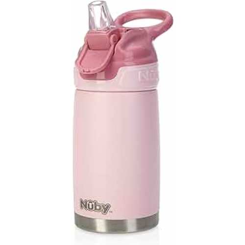 Nuby Thirsty Kids No Spill Flip-It Reflex Stainless Steel Travel Cup or Water Bottle - 10 Oz - 18+ Months - Pink