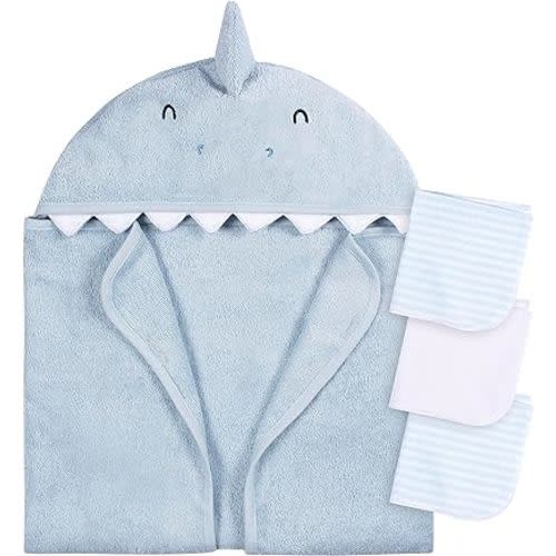 Gerber Baby 4 Piece Animal Character Hooded Towel and Washcloth Set, Blue Shark, One Size