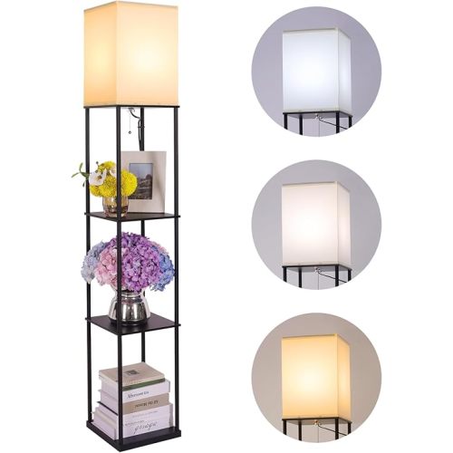 Floor Lamp with Shelves, Modern Square Standing Lamp with 3 Color Temperature Bulb, Corner Display Bookshelf Lamp for Living Room, Bedroom and Office (Black)