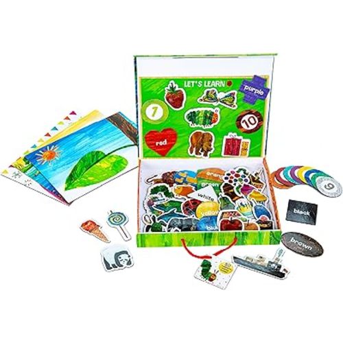 KIDS PREFERRED World of Eric Carle The Very Hungry Caterpillar Montessori Wooden Magnetic Set with Storage Box – Help Learn Colors, Shapes, Animals, Numbers, and More Medium