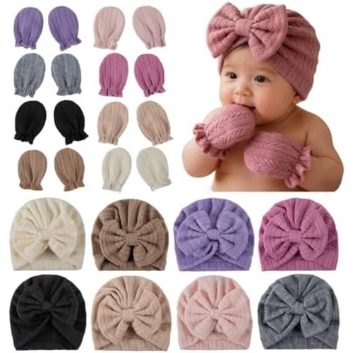 8 Sets Newborn Baby Hats & Mittens Cotton Preemie Infant Bow Beanies Caps Gloves Hospital New Born Boy Girl 0-3 Month