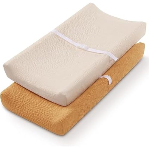 Muslin Changing Pad Cover and Standard Changing Pad Bundle (Retro Yellow & Beige and Sage Green)