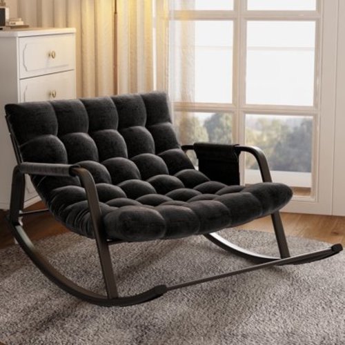 HomeZeer Indoor Rocking Chair with Cushion, Modern Grand Papasan Rocker Chairs, Oversize Papasan Recliner Chair for Living Room, Bedroom, Study Room, Black
