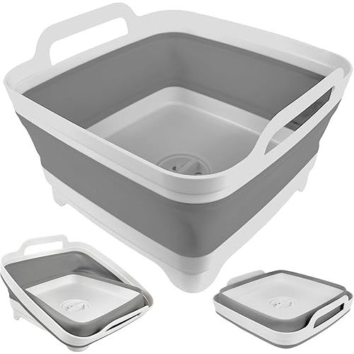 Collapsible Wash Basin for Baby Bottles with Drain Plug, 2.4 Gallons Space-Saving Camping Sink for RV, Collapsible Dish Tub (Gray)