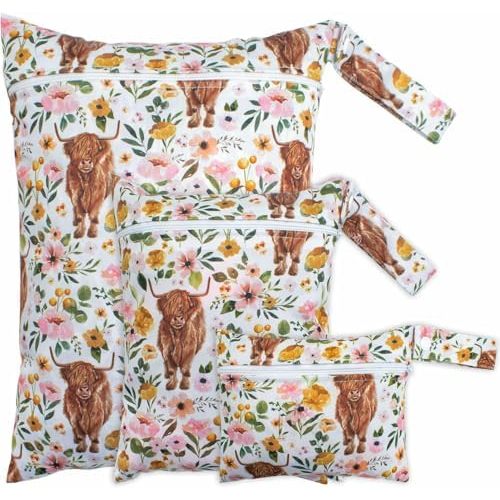 Little Jump Cloth Diaper Wet Dry Bags Waterproof Reusable with Two Zippered Pockets Travel Beach Pool Daycare Soiled Baby Items Yoga Gym Bag for Swimsuits or Wet Clothes (Western Floral and cow)