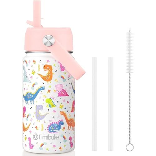 Fimibuke Kids Insulated Water Bottle, 14oz BPA FREE 18/8 Stainless Steel Travel Tumbler Double Wall Vacuum Leak Proof Kids Cup with Straw Metal Bottle for School Boys Girls(1 Pack, WHITE DINOSAUR)