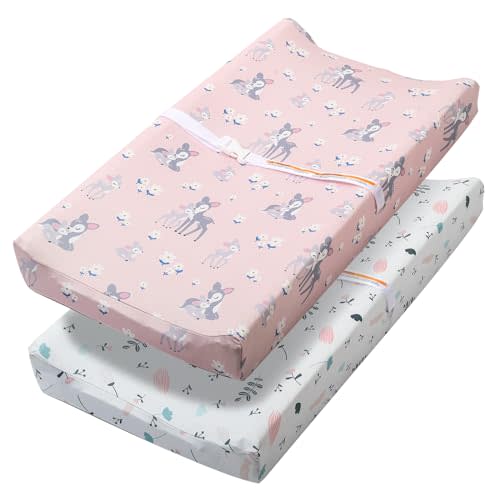 FHMJYH Changing Table Pad Cover Elastic Changing Pad Cover Premium Baby Changing Pad Cover 2 Pack for Boys Girls Unisex Soft Soft Comfortable Changing Pad Cover (Leaves & Deer Baby)