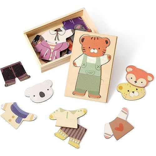 Wooden Animal Dress-Up Puzzle for Ages 3+, 21 Mix-and-Match Pieces with Storage Box, Montessori Matching Toy for Fine Motor Skills and Imaginative Play, Birthday