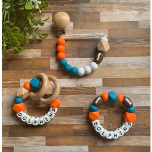 Miami Dolphins Toy Collection - Pacifier Clip - Loop Rattle - Go Phins - Baby Dolphin Toy Rattle - Orange - Teal - Football - Baby Gift