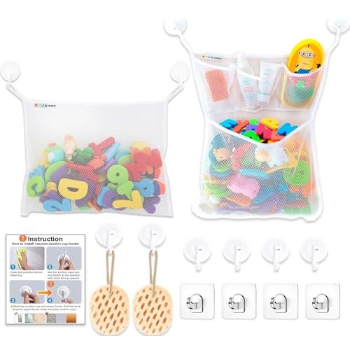 2 x Large Bath Toy Holder, Kids Bath Tub Toy Basket, Corner Mesh Bag, Baby Bathtub Storage Organizer, Bathroom Net Bucket, Toddler Shower Caddy Hanging Bin with 6 Suction Cups, 4 Adhesive Wall Hooks