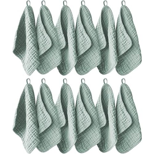 12 Pack Muslin Washcloths for Baby - 100% Cotton Baby Wash Cloths for or Baby Face Body Comfy and Soft for Newborn Infants Kids Girls and Boys - 12"x12" - Green
