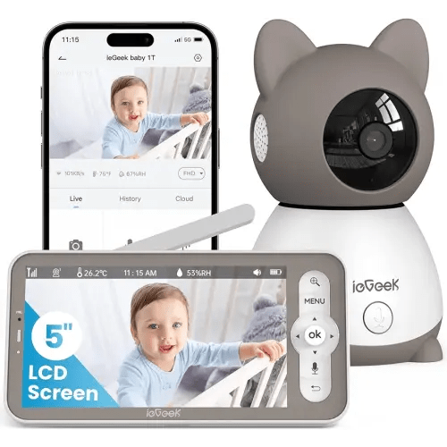 ieGeek 2K Baby Monitor Camera and Audio Smart Video Monitor with 5" Screen - Night Vision, Two-Way Talk, Cry & Motion Detection, Temper& Humidity Sensor, Remote Control via Screen and Free APP