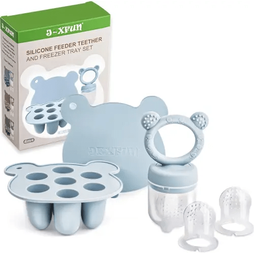 Silicone Baby Fruit Food Feeder & Mini Freezer Nibble Tray, Breastmilk Popsicle Molds for Baby Teething Relief, BPA Free Silicone Teething Toys Feeder for Safe Infant Self Feeding, Extra Food Pouches