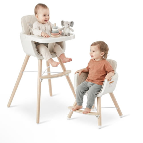 Mallify 3-in-1 Wooden High Chair, Convertible High Chairs for Babies and Toddlers, Baby Highchair with Adjustable Legs & Dishwasher-Safe Tray, Sleek Hardwood & Premium PU Cushion, Beige