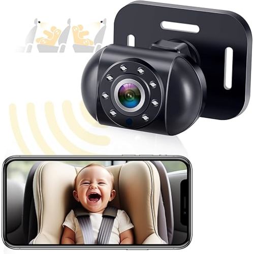 Wireless Baby Car Camera for Backseat: Battery Powered Easy Setup Video Record - HD 1080P Cordless Infant Carseat Camera for iPhone Only - Clear Night Vision Rear Facing Camera for 2 Kids - V12