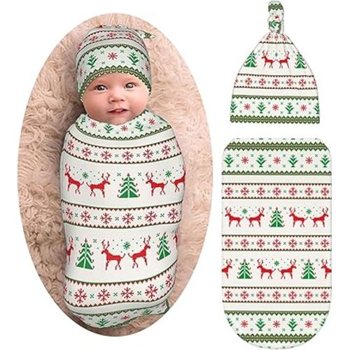 Christmas Deer Baby Stuff Newborn Swaddle Blanket Snow Baby Wrap Blanket Sleep Sack Soft Stretchy with Beanie Hat Gifts for Boys Girls Infant