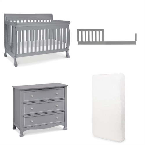 DaVinci Kalani 4 in 1 Convertible Crib included Toddler Rail with 3 Drawer Dresser in Grey and Free Hypoallergenic Universal Fit 6 inch Ultra Firm Deluxe Crib Mattress
