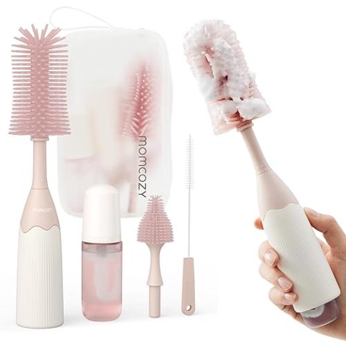 Momcozy Bottle Brush Kit with Push-Press Foam Design - Newborn Essentials Gift, Portable Cleaning Tool for Home & Travel, Baby Bottle Cleaner Brush for Breast Pumps & Nipples, Pink